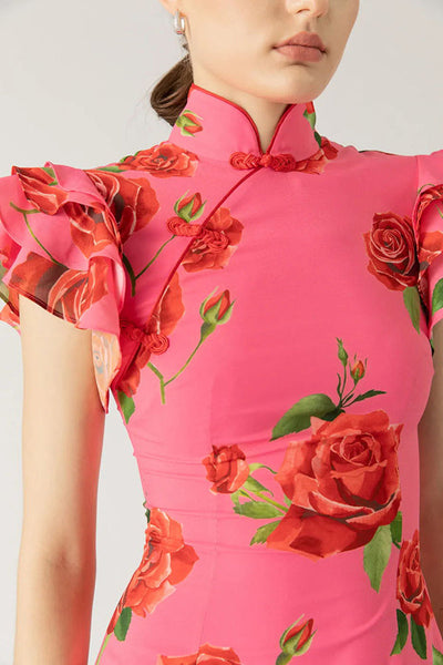 Elena - Vestido Largo con Mangas Acampanadas y Estampado Floral de Rosas