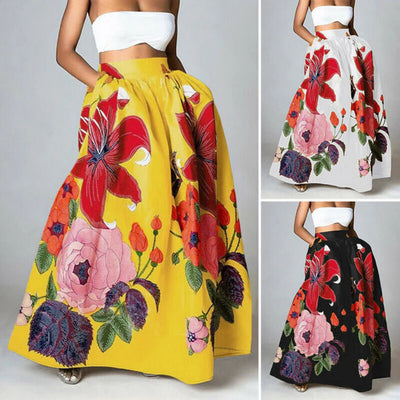 Maxi falda de mujer con estampado floral, de talle alto y elegante