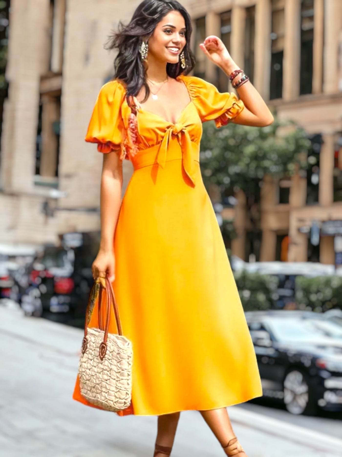 Selene - Vestido midi de manga abullonada