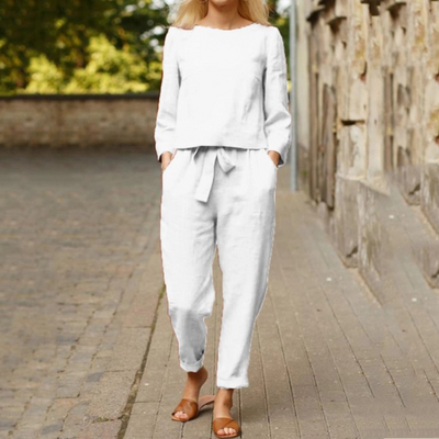 Valentina - Elegante conjunto de blusa y pantalón de algodón y lino