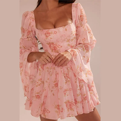 Danys - Vestido Mini Rosa con Estampado Floral y Estilo Dulce