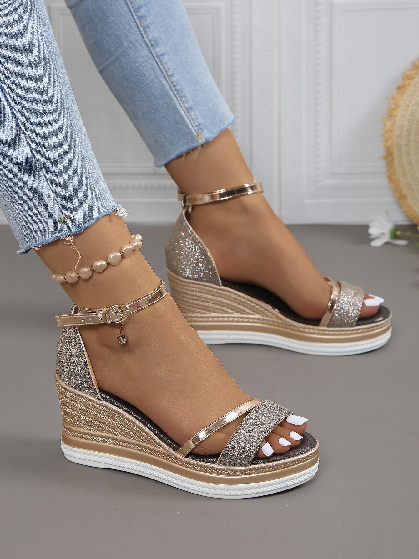 Sandalias mujer brillo elegante estilo cuña alta - Jimena