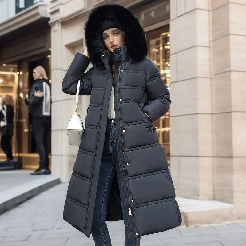 Bonnie - Abrigo largo de invierno para mujer con capucha de piel y cinturón