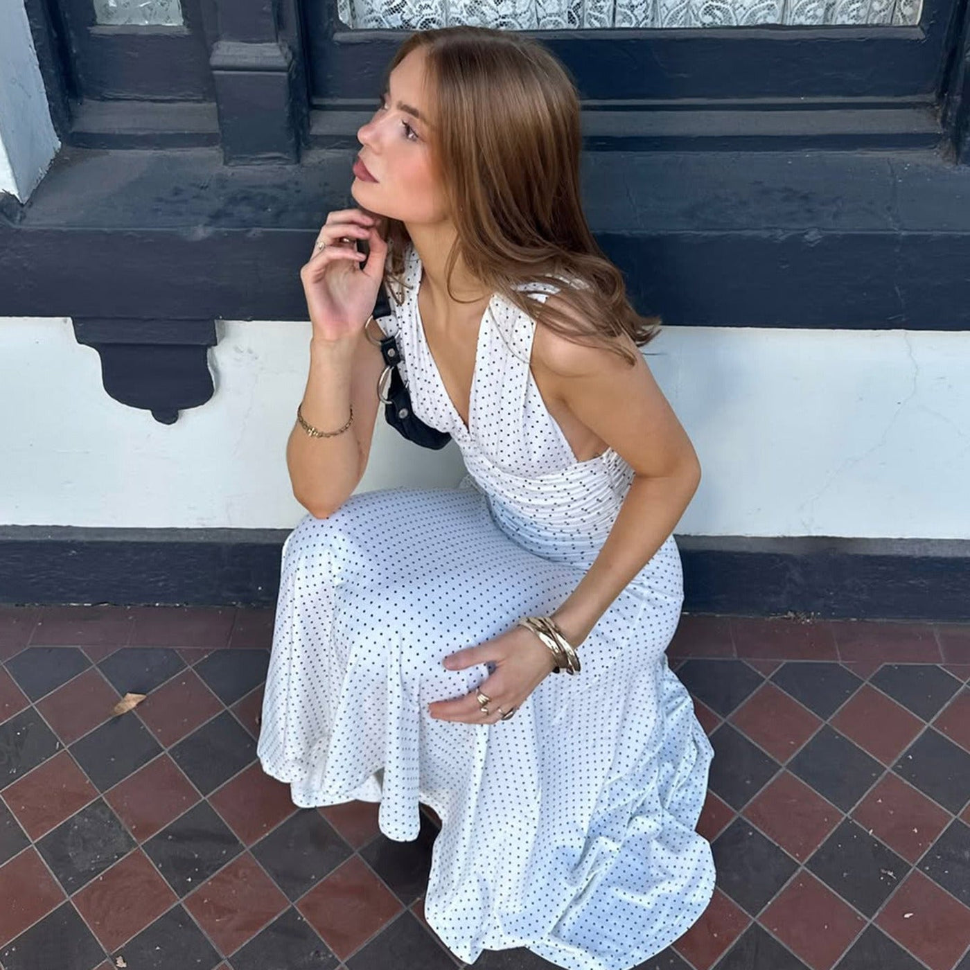 Vestido largo mujer escote cruzado estampado de lunares - Helena