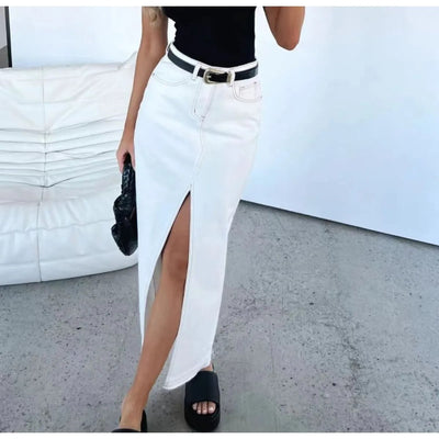 Falda larga para mujer denim tiro alto con abertura trasera - Emilie