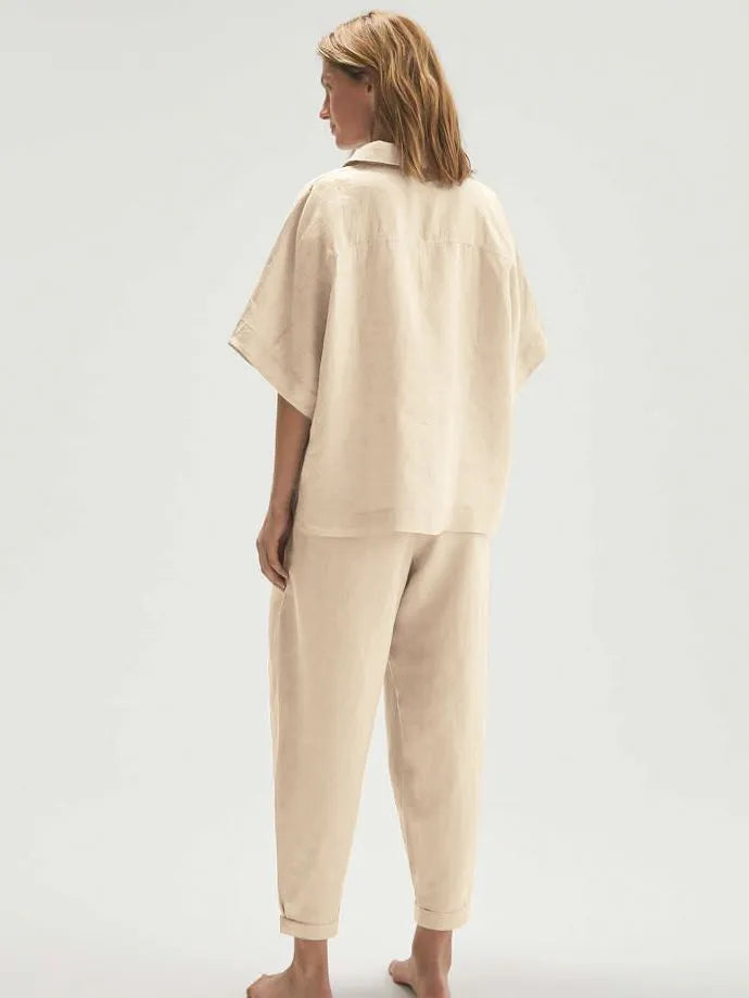 Velia - Conjunto de top de manga corta con cuello de pico y pantalón de cintura alta