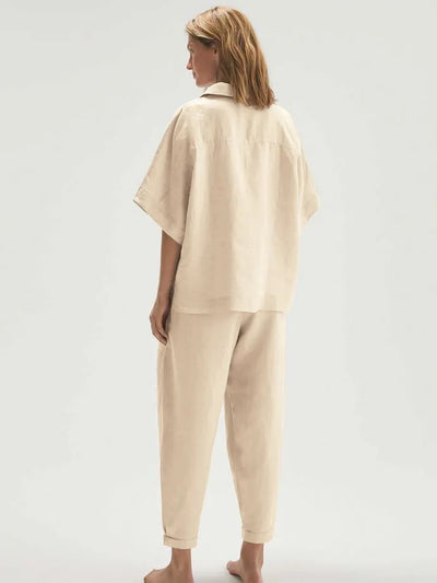 Velia - Conjunto de top de manga corta con cuello de pico y pantalón de cintura alta