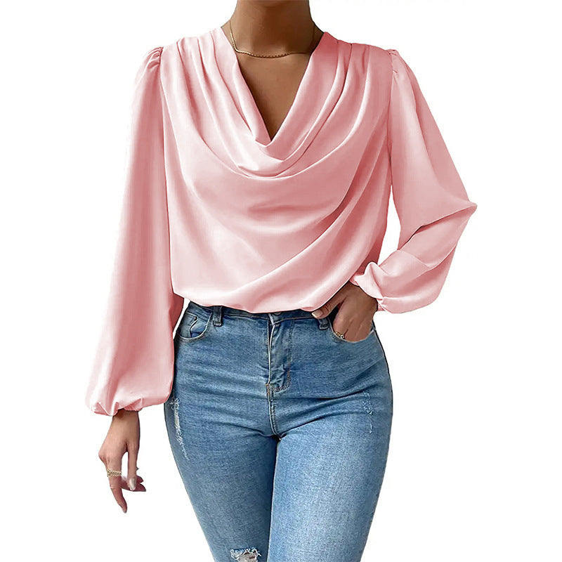 Lea - Elegante blusa de gasa para mujer con cuello paloma y mangas largas