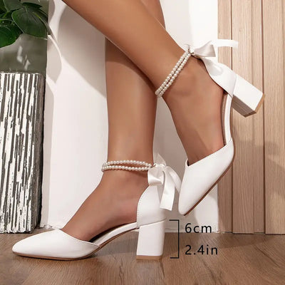 Aria - Elegantes zapatos de tacón blancos para mujer con tira al tobillo de imitación de perla
