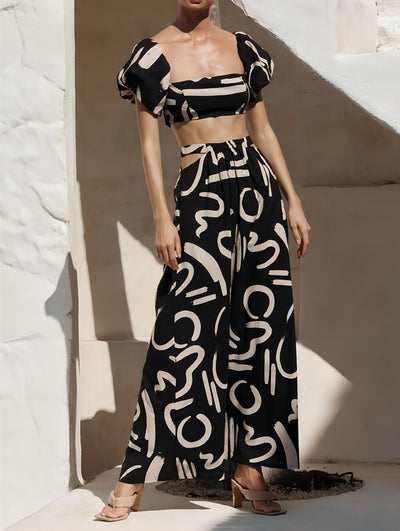 Conjunto de dos piezas para mujer con escote bardot estampado artístico - Eloisa