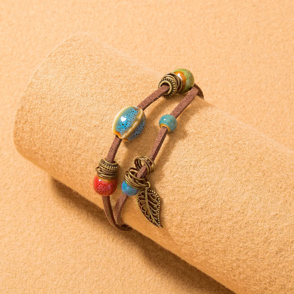 Pulsera mujer bohemia artesanal cuero con cuentas cerámicas - Lantana