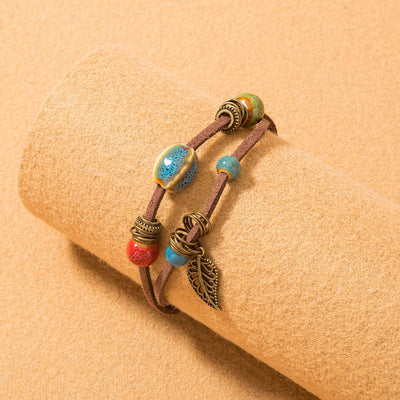 Pulsera mujer bohemia artesanal cuero con cuentas cerámicas - Lantana