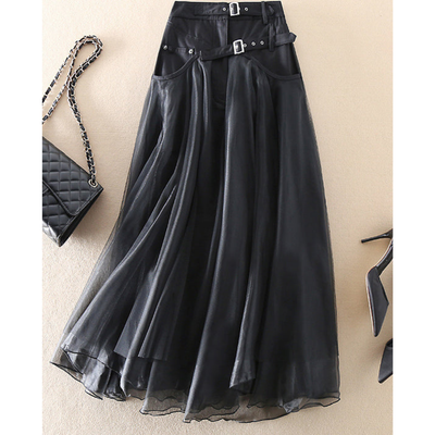 Falda midi de mujer con cintura alta y look a capas - con cinturón