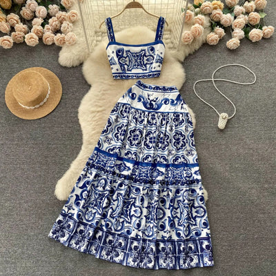 Conjunto de dos piezas para mujer con estampado barroco satinado estilo veraniego - Eleonora