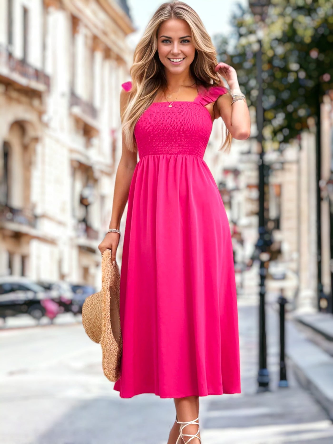 Astrid - Vestido de tirantes con volantes en color sólido