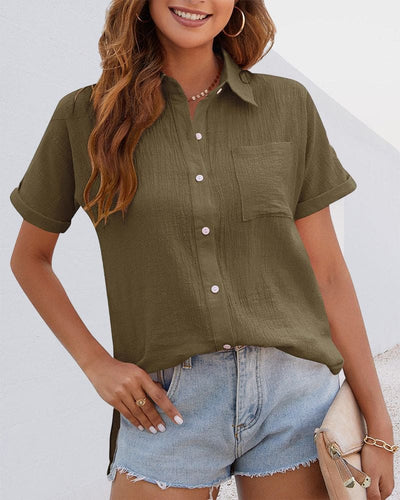 Lena - Blusa monocolor con cierre de botones y mangas cortas