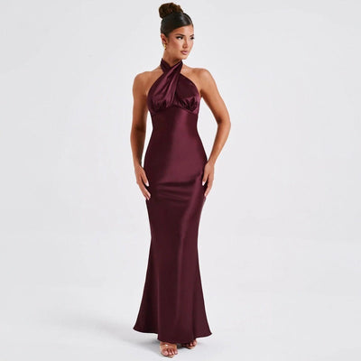 Vestido largo para mujer de satén cruzado con cuello halter - Elvira