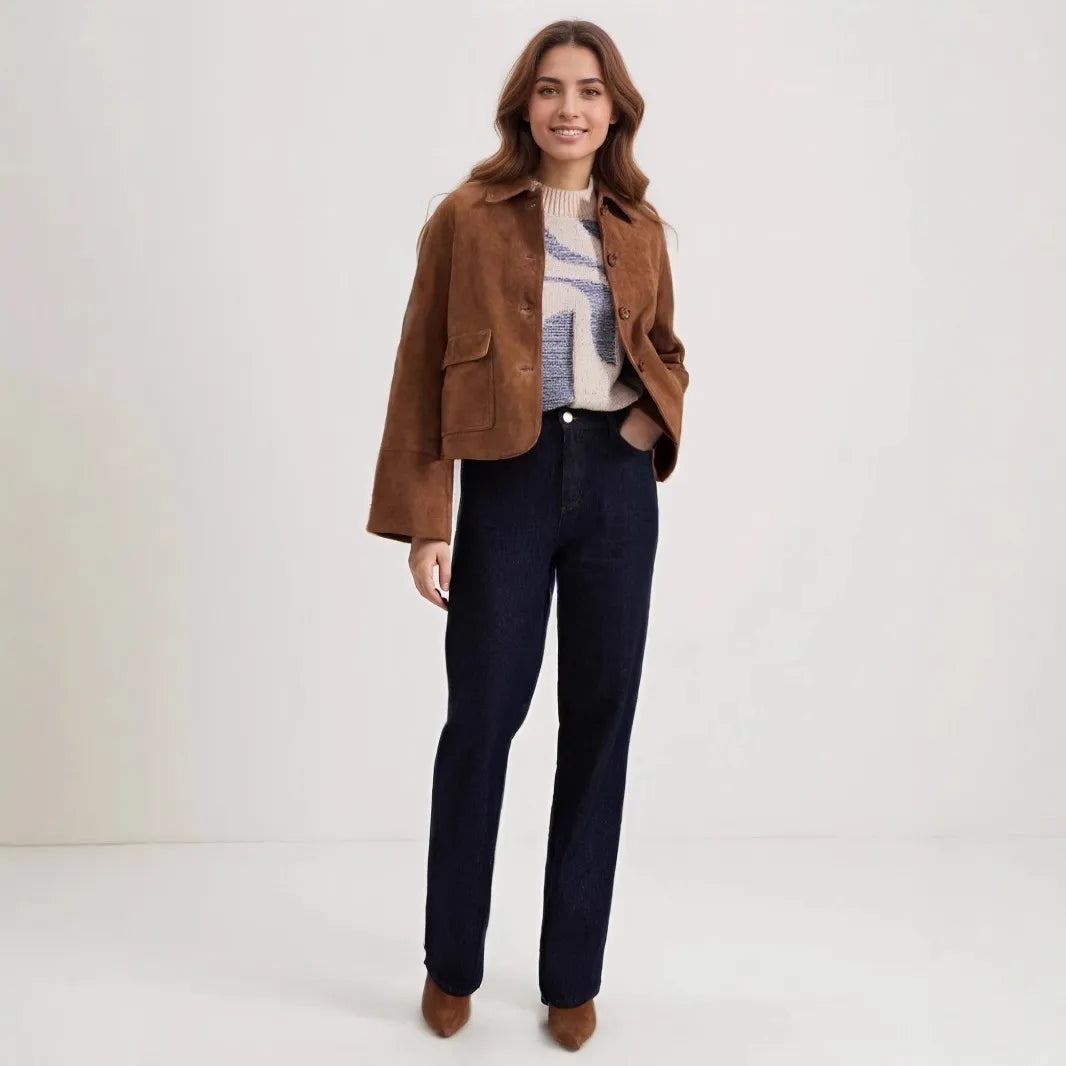 Chaqueta corta de ante con bolsillos frontales para mujer - Alenor