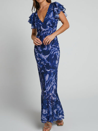 Sarah - Vestido maxi de chiffón estampado con escote en V