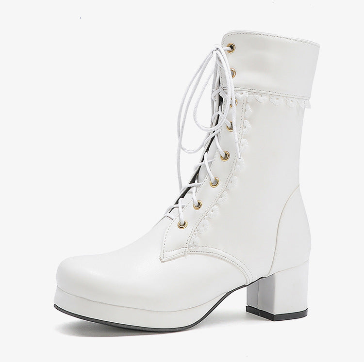 Botines de cordones con encaje decorativo - Celeste