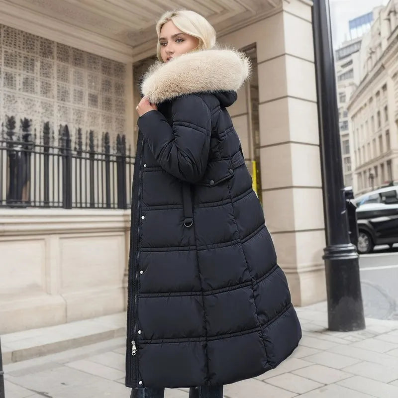 Bonnie - Abrigo largo de invierno para mujer con capucha de piel y cinturón