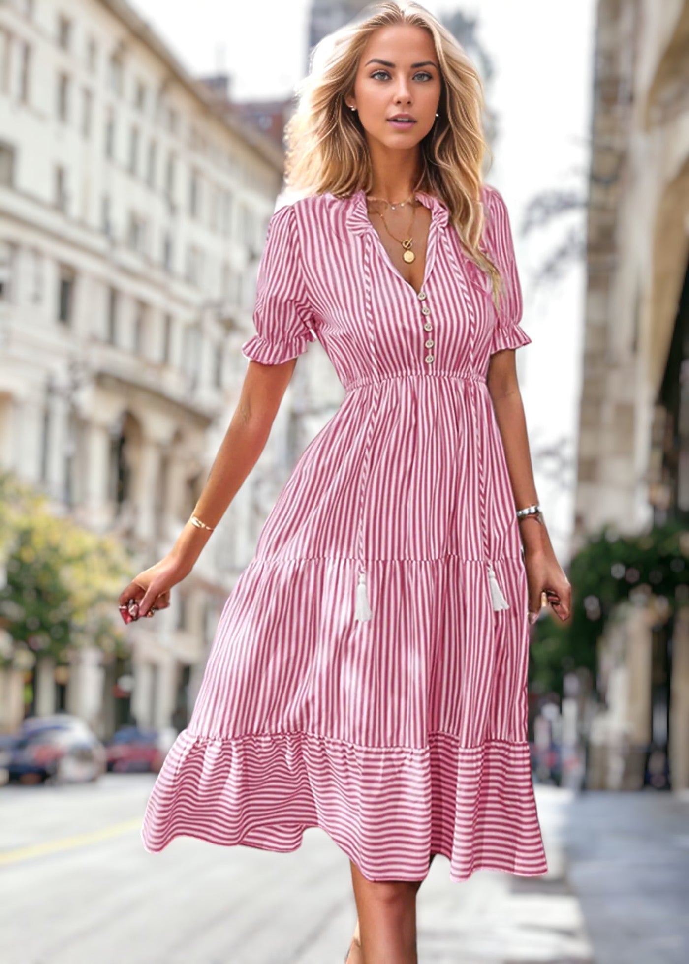 Jade - Vestido de rayas con mangas abullonadas