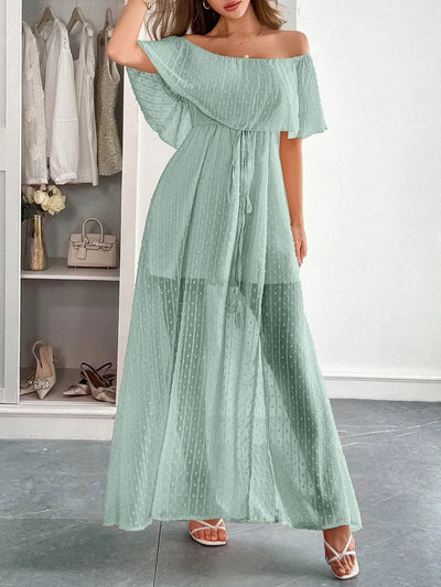 Vestido largo mujer gasa plumeti escote bardot - Julieta