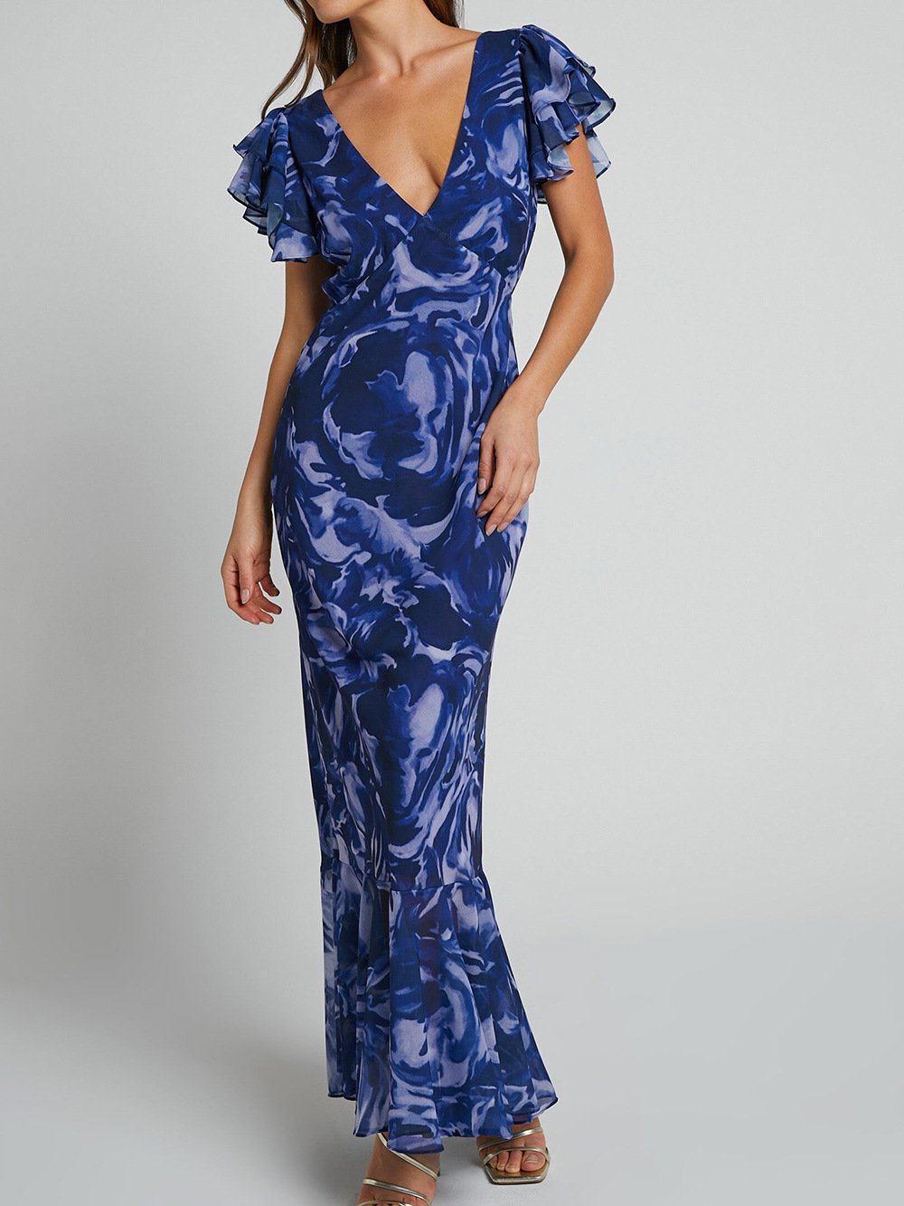 Sarah - Vestido maxi de chiffón estampado con escote en V