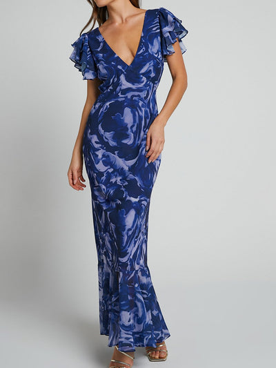 Sarah - Vestido maxi de chiffón estampado con escote en V