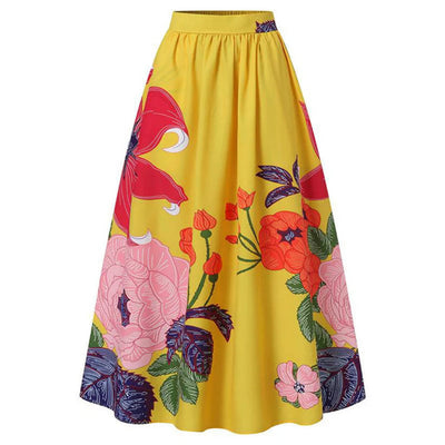 Maxi falda de mujer con estampado floral, de talle alto y elegante