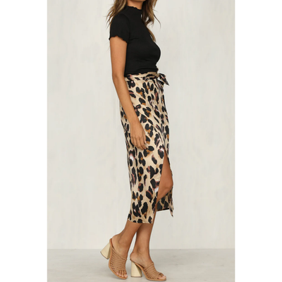 Falda midi de verano para mujer con estampado de leopardo y abertura