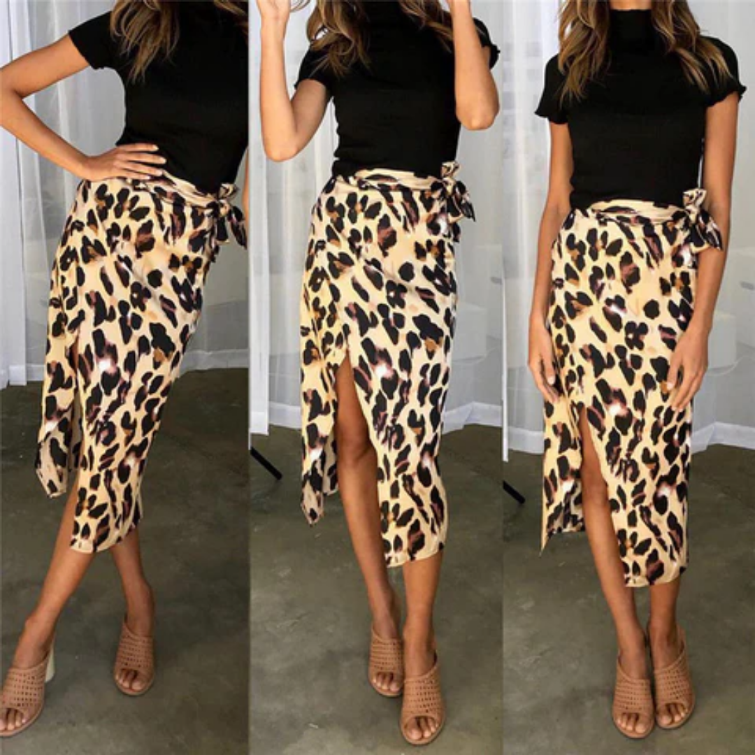 Falda midi de verano para mujer con estampado de leopardo y abertura