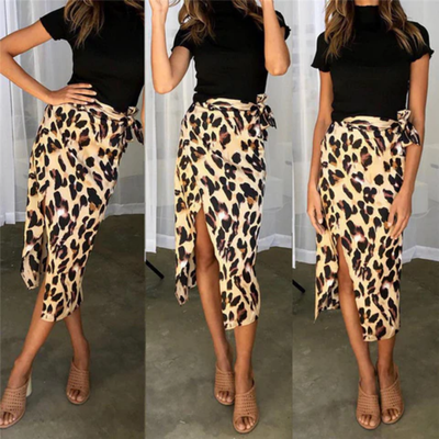 Falda midi de verano para mujer con estampado de leopardo y abertura