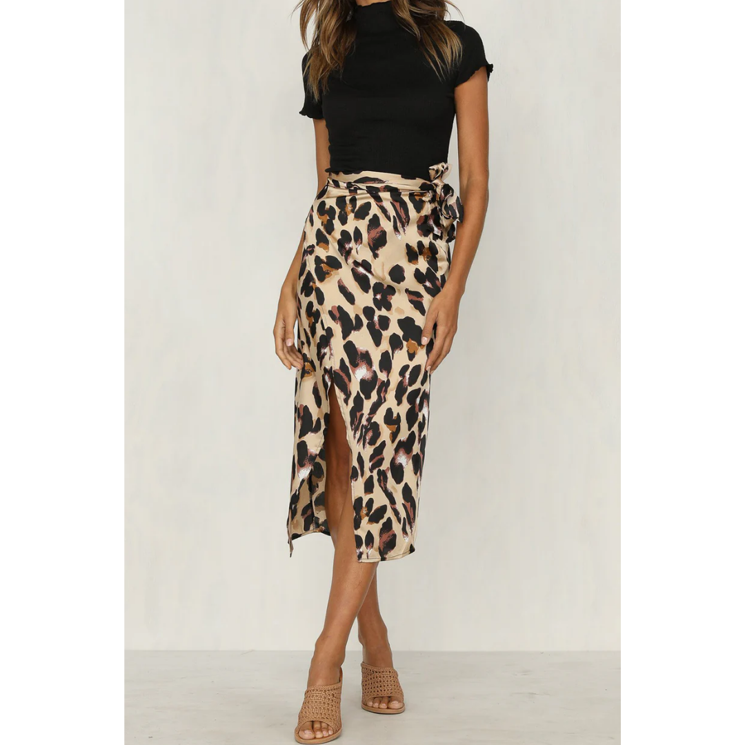 Falda midi de verano para mujer con estampado de leopardo y abertura
