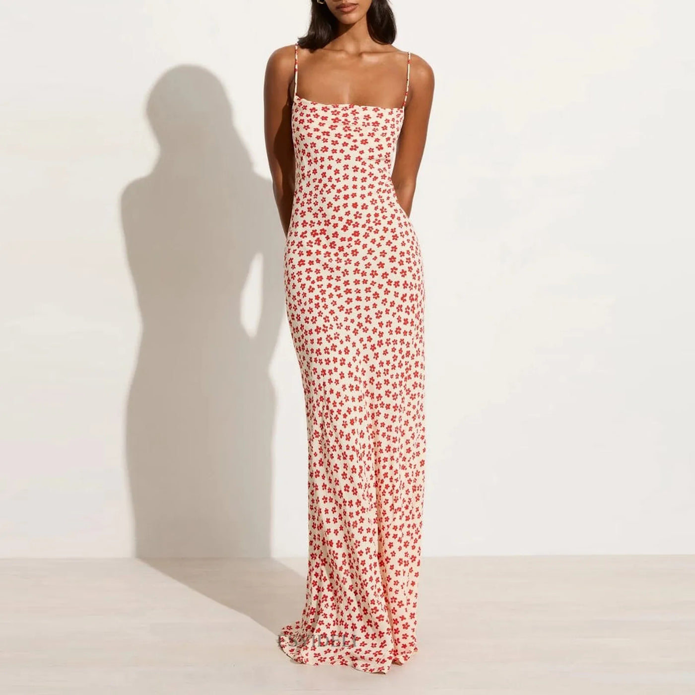 Lenay - Vestido largo de tirantes con estampado floral cruzado y fluido