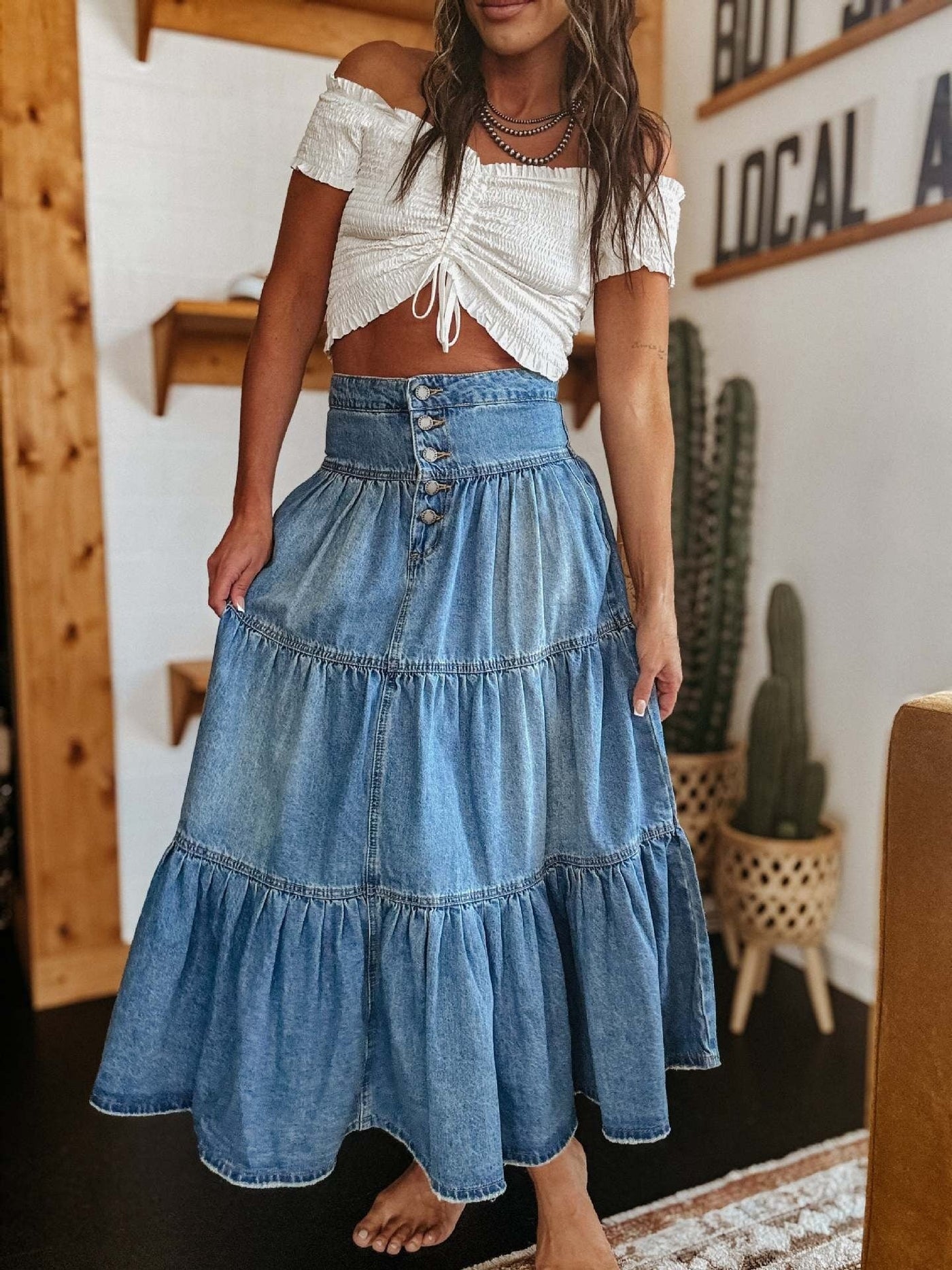 Falda larga mujer denim con volantes estilo bohemio - Alaya