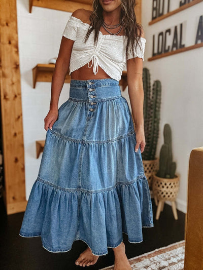 Falda larga mujer denim con volantes estilo bohemio - Alaya