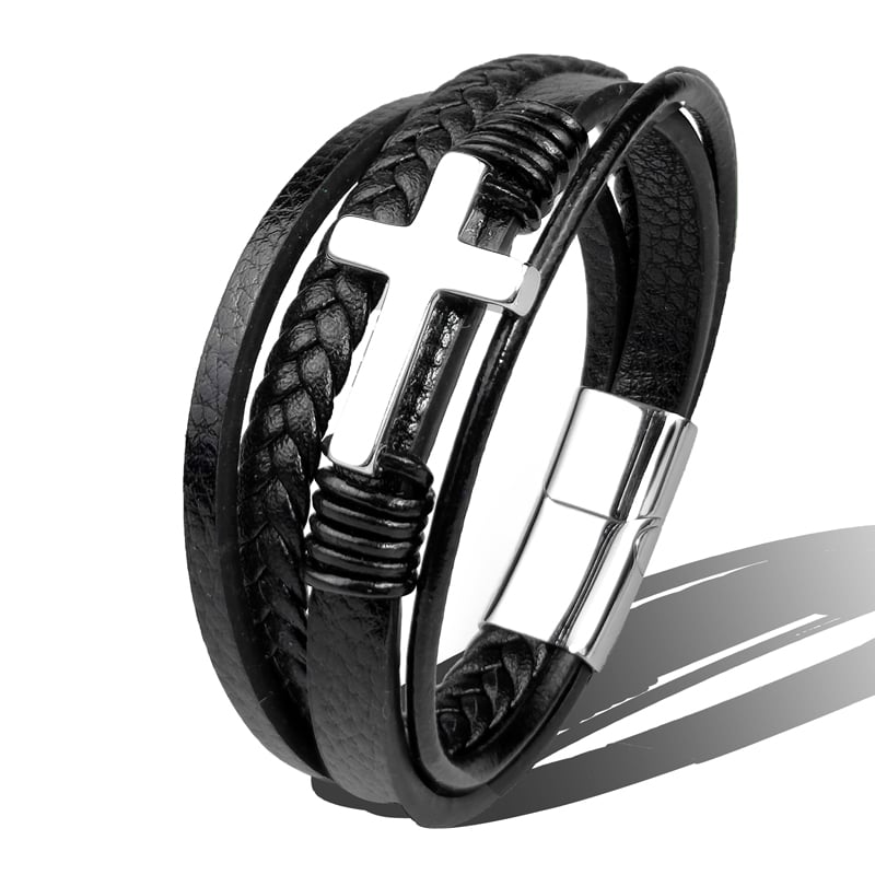 Pulsera hombre cuero trenzado con cruz acero - Sentinel