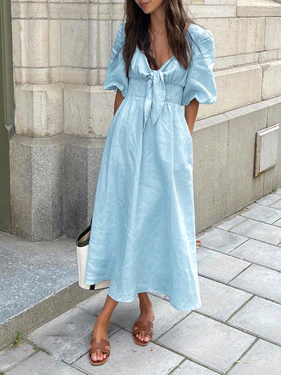Jacqueline - Vestido Midi con Lazo Delantero de Lino y Algodón