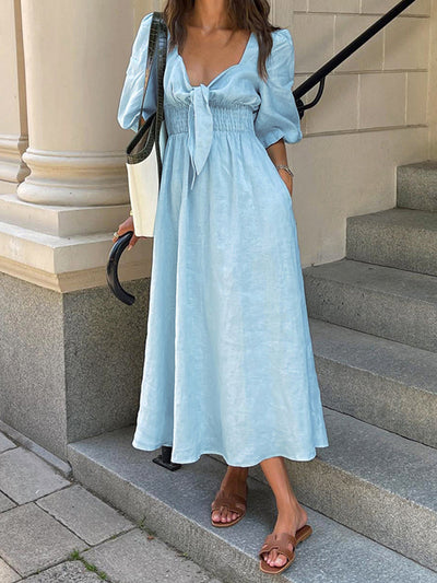 Jacqueline - Vestido Midi con Lazo Delantero de Lino y Algodón