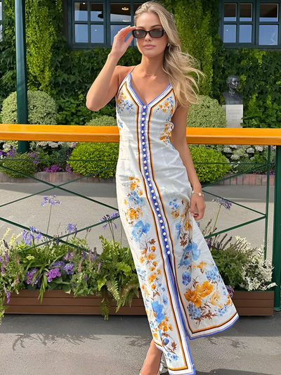 Keira - Vestido largo halter con estampado floral informal