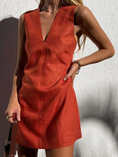 Clarise - Vestido corto de algodón y lino con cuello en V