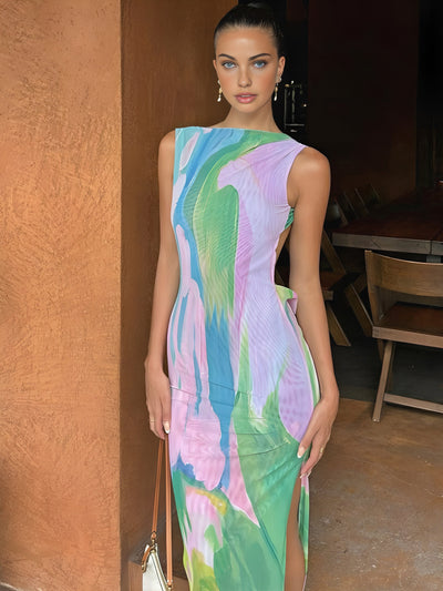 Constance - Vestido largo sin mangas con estampado Monet Garden