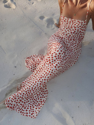 Lenay - Vestido largo de tirantes con estampado floral cruzado y fluido