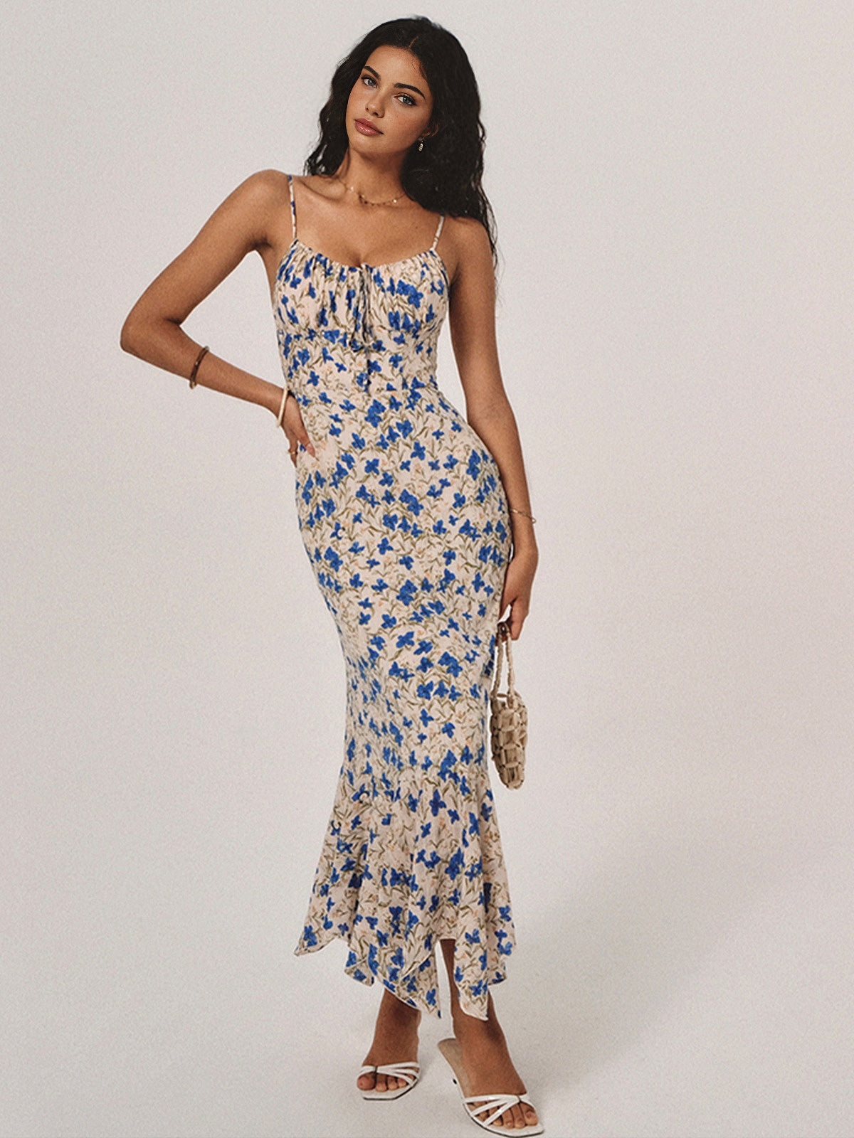 Lily - Vestido largo con estampado floral y dobladillo irregular anudado