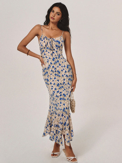 Lily - Vestido largo con estampado floral y dobladillo irregular anudado