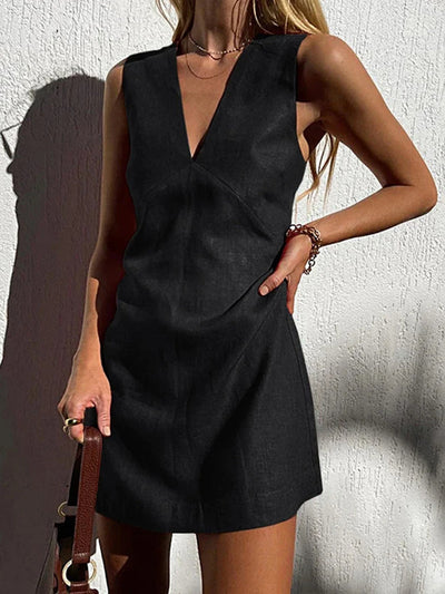Clarise - Vestido corto de algodón y lino con cuello en V