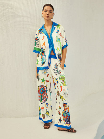Selma - Conjunto de pantalón estampado con ribete de contraste