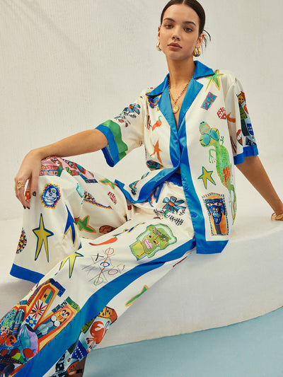 Selma - Conjunto de pantalón estampado con ribete de contraste