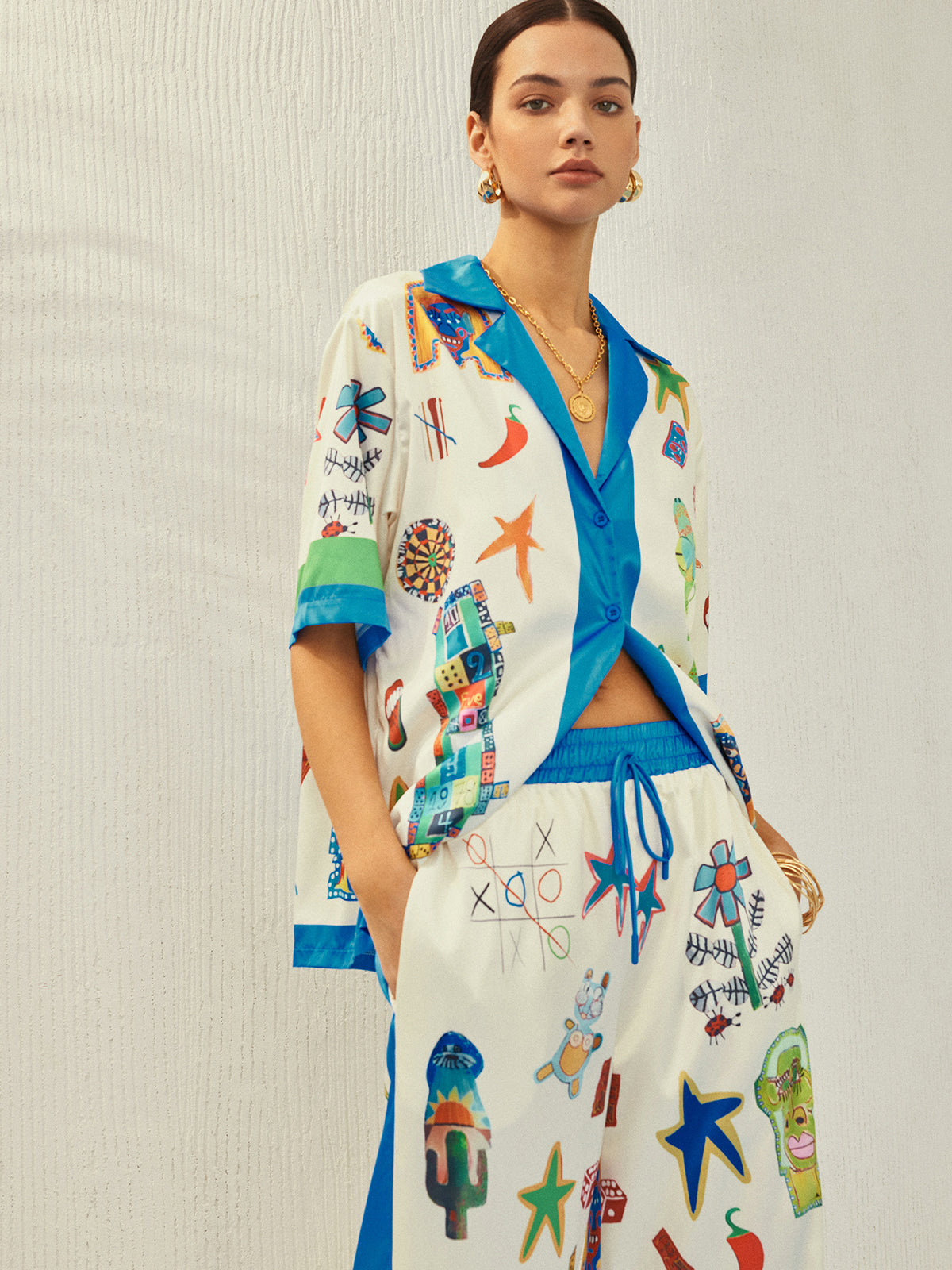 Selma - Conjunto de pantalón estampado con ribete de contraste